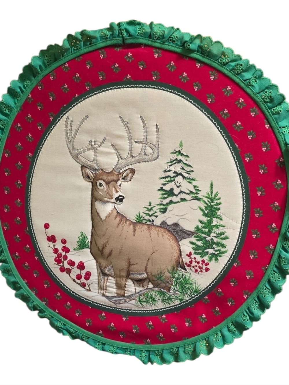 Vintage Deer Wall Hanging Round Fabric Plaque Christmas Cabin Decor Rustic